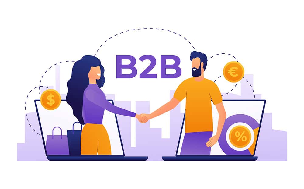 mor ve turuncu renk ağırlıklı, "B2B" yazısı ve el sıkışan iki insanın bulunduğu illüstratif görsel